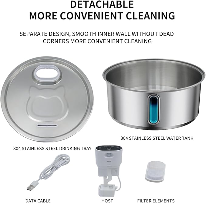 Wireless Cat Water Fountain Stainless Steel, Battery Operated, Cordless Pet Water Fountain for Cats & Dogs with Motion Sensor, Ultra Quiet Pump, 12 Filters (SS, 8L)