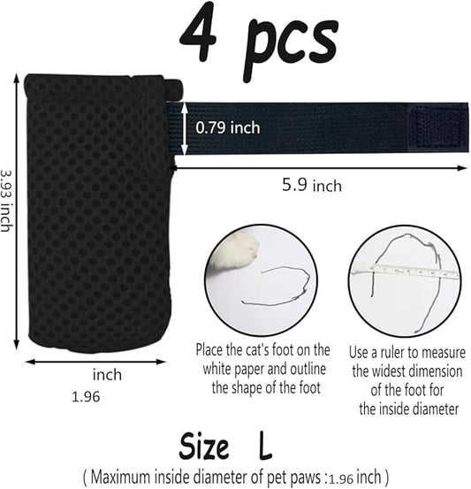 4 PCS Cat Mittens to Prevent Scratching,Mesh Breathable Cat Shoes,Adjustable Cats Anti Scratch Gloves,Suitable for Cats When Bathing and Nail Trimming (Black, L)