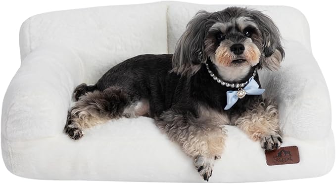Hollypet Fluffy Plush Pet Cat Couch Soft Calming Pet Sofa Beds for Medium Small Cats and Dogs, White