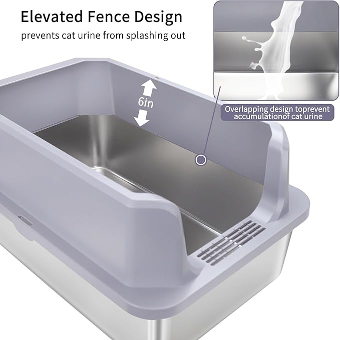 RIZZARI Large Stainless Steel Cat Litter Box: Open Top Leak-Proof Large Cat Pan - Odor Control for Indoor Multi-Cat Homes (Silver, 23.8" L*16" W*12" H)