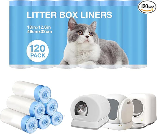 Thicken Cat Litter Bags 120 Pack, cat litter box liners, Leakproof Poop Bags & Waste Bags - Ultimate Odor Control and Leakproof Design,6 Rolls Drawstring Trash Bags for Automatic Litte(18x12.6 inches）