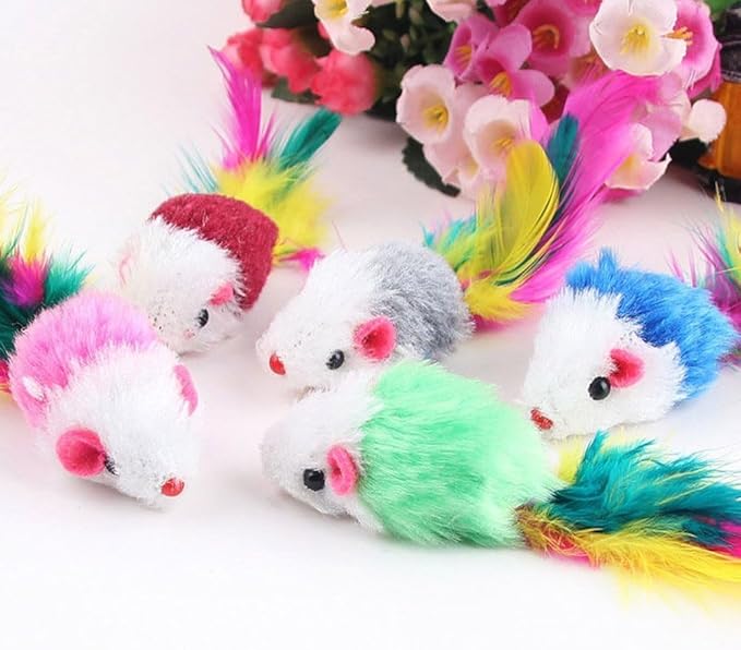 10 Pcs Colorful Soft Fleece False Mouse Cat Toys Colorful Feather Funny Playing Mice Toy Xmas Gifts