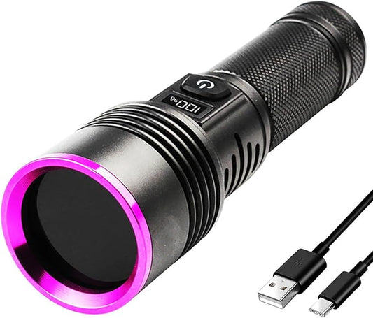 UV Flashlight 30W, 7000 mAh High Power 365nm UV Light, 4-Core LED USB Rechargeable Black Light Flashlight for Dog, Cat Urine, Dry Stains, AC Leak, Uranium Glass, Bed Bug