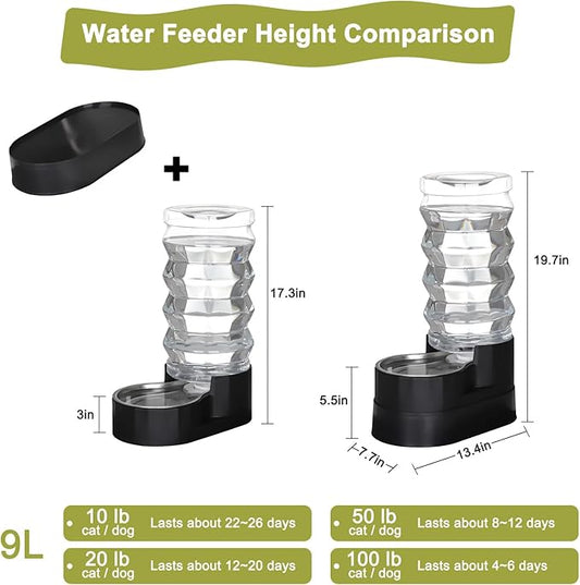 RIZZARI Upgraded Automatic Dog Water Dispenser: 9L Black Gravity Large Stainless Steel Raised Pet Fountain with Filter - Includes 2 Extra Filters & 2 Bottle Caps - Pet Feeder for Dogs Indoor Outdoor