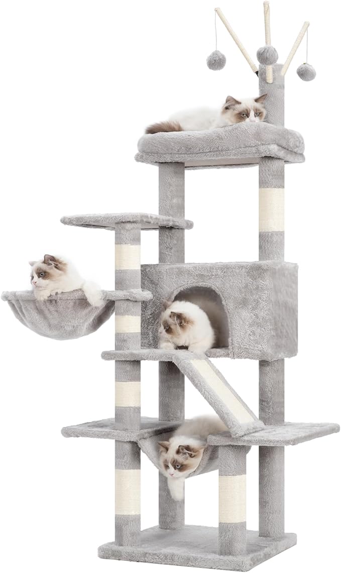 Cat Tree, Multi-Level Cat Tower for Indoor Cats, Cat Condo with Cat Scratching Post and Board, Cat Hammock, Light Gray GCT011W