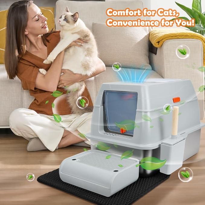 Vivifying Stainless Steel Litter Box with Lid, XL Front Entry Enclosed Extra Large Litter Box for Big Cats & Kitty, Top Exit Metal Cat Pan with Scoop, Mat, Trapping Step, Charcoal Filter (Gray)