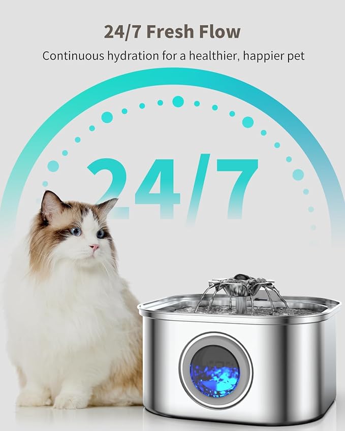 Cat Water Fountain Stainless Steel, 3.2L/108oz Cat Fountain with Large Water Level Window, Pet Water Dispenser with Quiet Pump Ideal for Cats, Dogs and Multi-pet Household