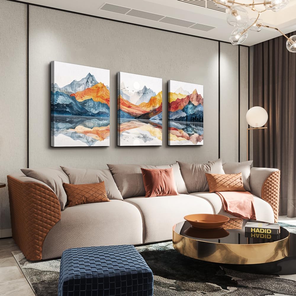TTHYUEWS Large Abstract Canvas Wall Art - 3 Piece Mountain Landscapes Wall Paintings for Bedroom, Living Room, Office Decor