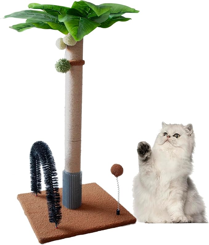 Cat Scratching Posts with Self Groomer,29.5 Inch Tall Cat Scratcher Post Sisal Heavy Duty Kitty Scratch Tree and Hanging Balls Cute Kitten Palm Tree with Arch Grooming Brush for Kitties