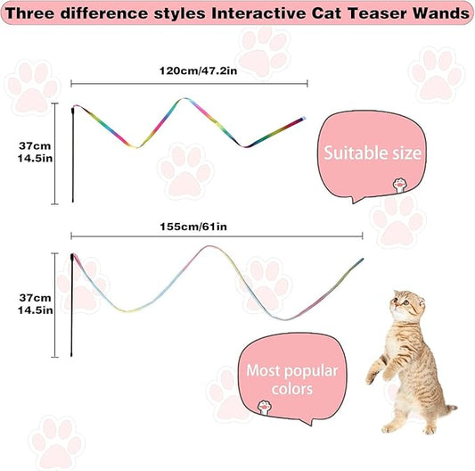 Cat Wand Toys Interactive Kitten Toys for Indoor Cats Colorful Teaser Wand String for Exercise Kitten Stick Kitty Rope Toy Rainbow Ribbon Cat Charmer -2Pcs