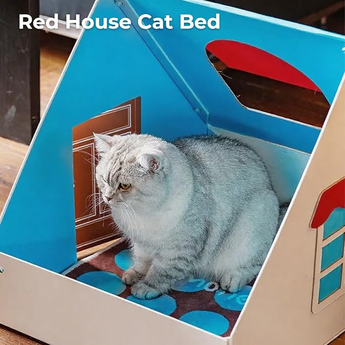 Cardboard Cat House Indoor Cat Bed Red Roof Cat Scratcher House Cat Playhouse Condo
