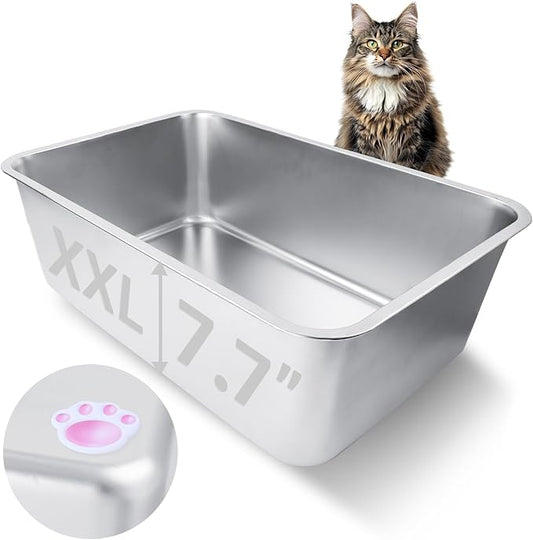 Stainless Steel Cat Litter Box for Adult Cats or Kitty/Kitten 23.6"x15.8"x8" Rust-Proof, High Side, Non Stick, No Smell, Easy to Clean Metal Cat Litter Box
