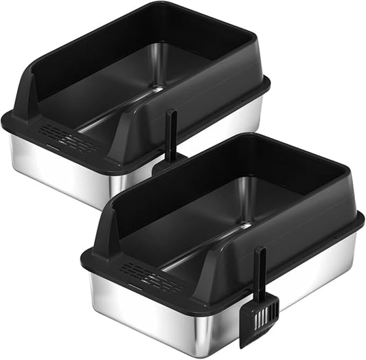 2PCS Stainless Steel Cat Litter Box，Metal Kitty Litter Box with High Wall Sides Enclosure for Big and Small Cats, Odor Control, Easy Clean,Non-Sticky, Anti-Leakage (23 * 15 * 12 inch)