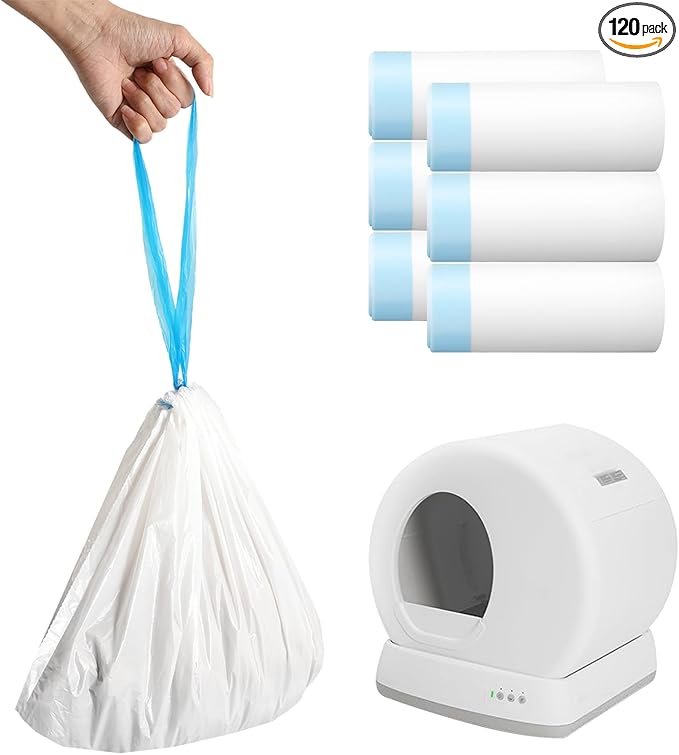 120pcs Cat Litter Bags for MeoWant MW-SC01/MW-SC02/MW-LR01 Self-Cleaning Cat Litter Box Liner, Automatic Self Cleaning Cats Waste Bags for Self-Cleaning Cats Liners with Drawstring Pet Waste Boxes Bag