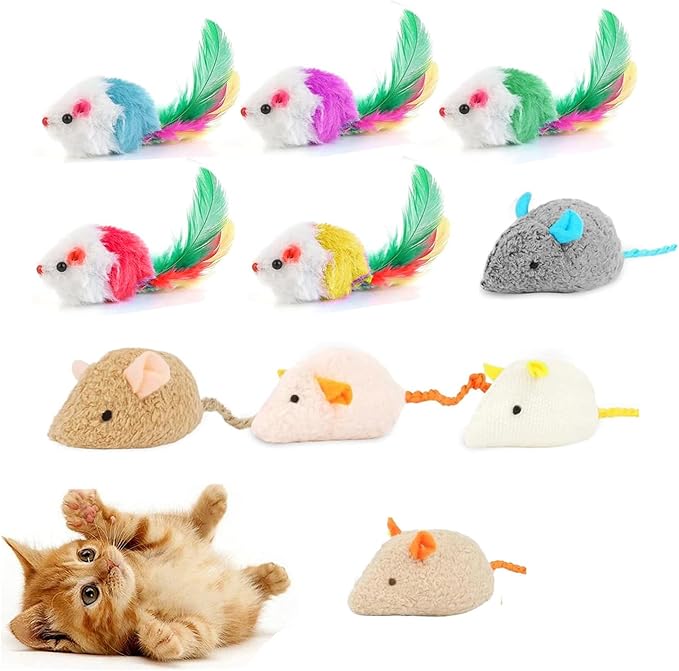 10 Pack Cat Mouse Toy With Fur, Feather, and Rattle Sounds - Interactive Catnip Mice for Chasing, Hunting, Exercising - Kitten Chewing and Teeth Cleaning Toys (Color Random)