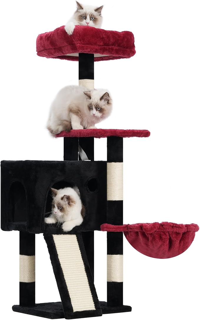 Cat Tree, 41.3" Cat Tower for Indoor Kittens with Scratching Board and Posts, Multi-Level Cozy Cat Condo with 2 Perches, Hammock, Balls, Black and Red GCT005SBR