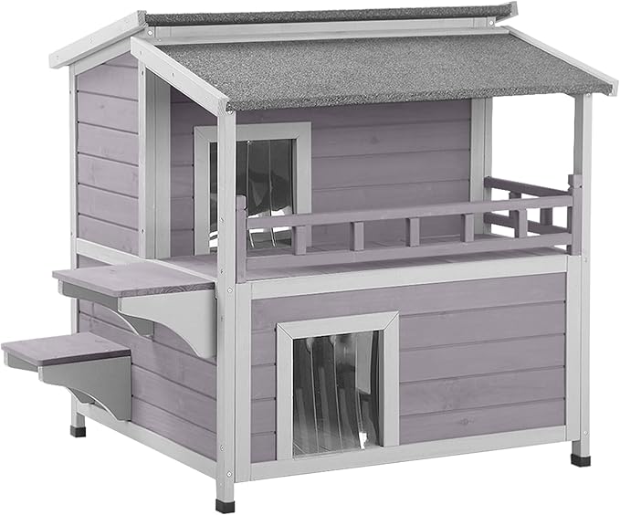 Outdoor Cat House with Large Balcony, Two-Story Cat Shelter with Waterproof Roof and Stairs, Wooden Feral Cat Home with Escape Door