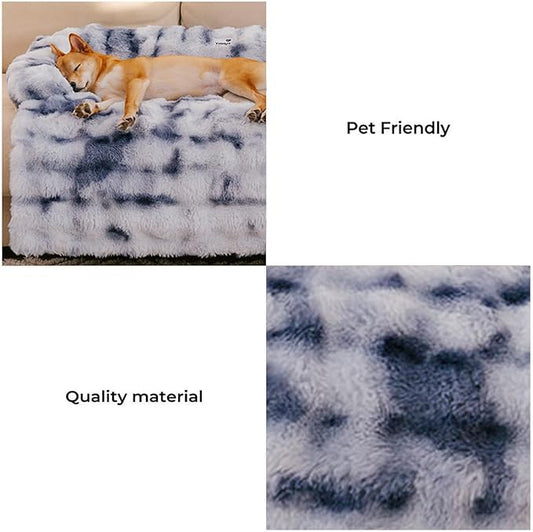 FUNNY FUZZY Pet Fluffy Fuzzy Couch Cover, Calming Washable Dog Bed Sofa Protector Pets Mat for Small Dogs and Cats (Tie-dye Blue,27.56 × 24.02 × 5.51 in)