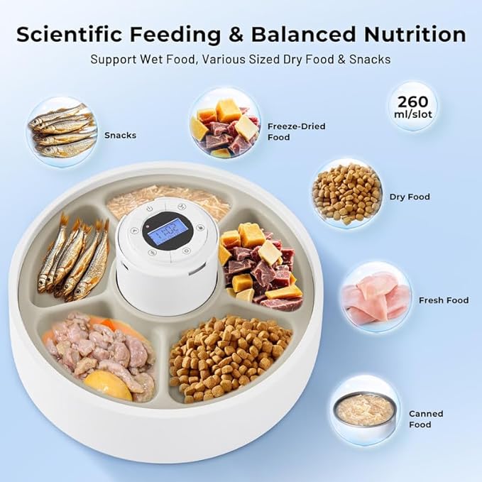 Automatic Cat Feeder Wet Food, 5 Meals Cordless Pet Food Dispenser, Fresh Food Refrigerated Container with 2 Ice Packs, 10s Voice Recording, Programmable Timer Battery Operated（No Included