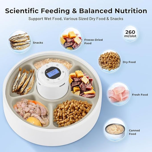 Automatic Cat Feeder Wet Food, 5 Meals Cordless Pet Food Dispenser, Fresh Food Refrigerated Container with 2 Ice Packs, 10s Voice Recording, Programmable Timer Battery Operated（No Included