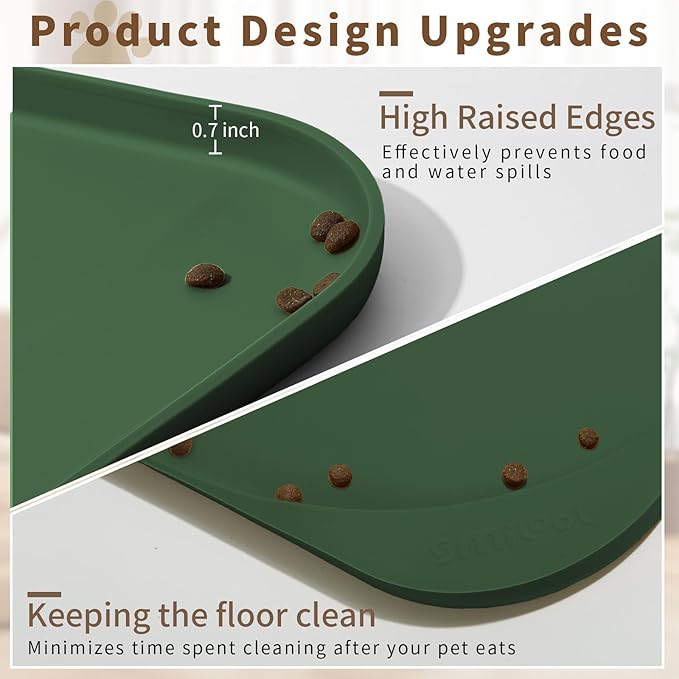 Silicone Pet Feeding Mat with Raised Edge & Residue Collection Pocket for Food and Water, Dog Bowl Mats, Cat Bowls Placemat with High Lip for Floor Waterproof, 19 x 12 x 0.7 Dark Olive
