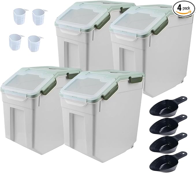 AnRui Large Flour Storage Containers 25Lbs Airtight Rice Storage Container BPA Free Kitchen Pantry Food Storage Bin Sugar Snack Cereal Grain Organizer Box with Wheel, Measuring Cup, 4Pack Green