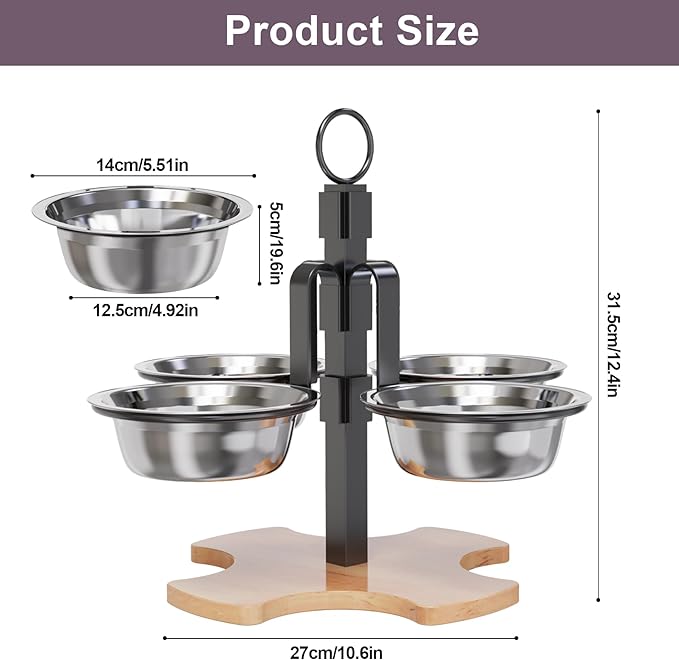 Adjustable Elevated Cat Bowls with Stand, 3 Height Raised Food & Water Bowl Set for Indoor Cats, 4 Stainless Steel Tilted Pet Dishes for Small Dogs, Non-Slip Feeding Station with Anti-Spill Design