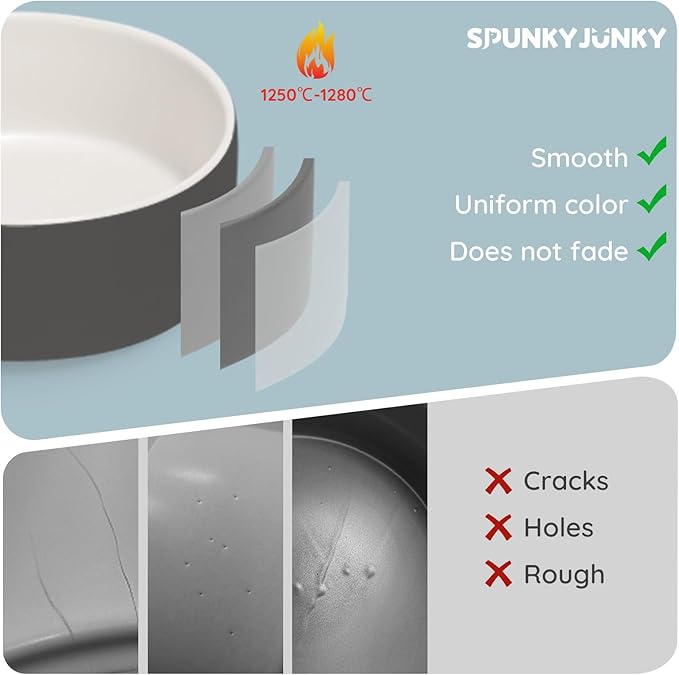 SPUNKYJUNKY 28.7OZ Ceramic Dog and Cat Bowl, Modern Cute Weighted Food Water Bowl for Replacement White-Grey (2 Pack)