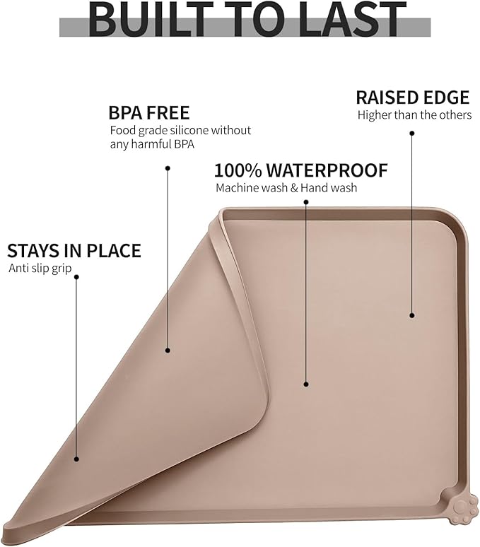 Waterproof Pet Feeding Mat with High Raised Edges, Heavier and Thicker Placemats for Cat Dog Water Bowl with BPA Free, Dogs Cats Food Mats for Messy Drinkers to Prevent Spill and Protect Floors