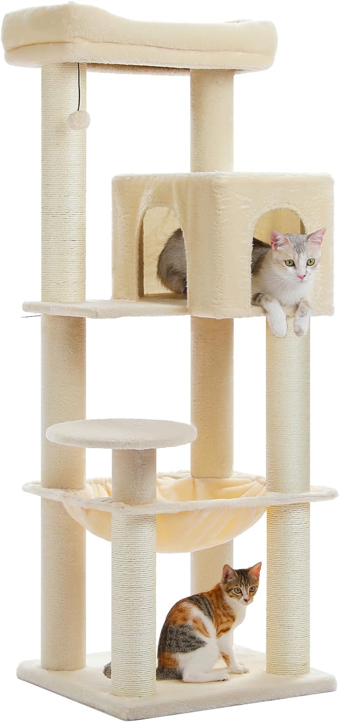 Large Cat Tree for Indoor Cats Large Adult, 57.8" Heavy Duty Cat Tower with Reinforced Scratching Posts (φ3.7in) and Plush Larger Hammock for Maine Coon & Big Cats, Supports 30lbs, Beige