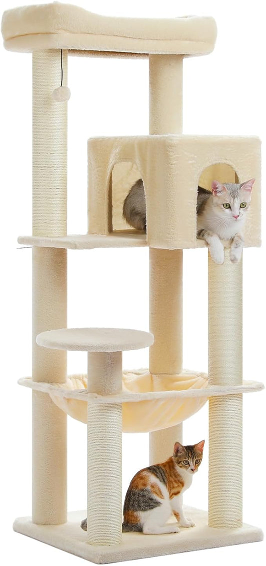 Large Cat Tree for Indoor Cats Large Adult, 57.8" Heavy Duty Cat Tower with Reinforced Scratching Posts (φ3.7in) and Plush Larger Hammock for Maine Coon & Big Cats, Supports 30lbs, Beige