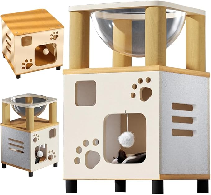 Pet Sleeping House Wooden,Cat Scratcher Box House,Log Color and White Large Cat Shelter,Wooden Box Pet House (Height, 23.62in)