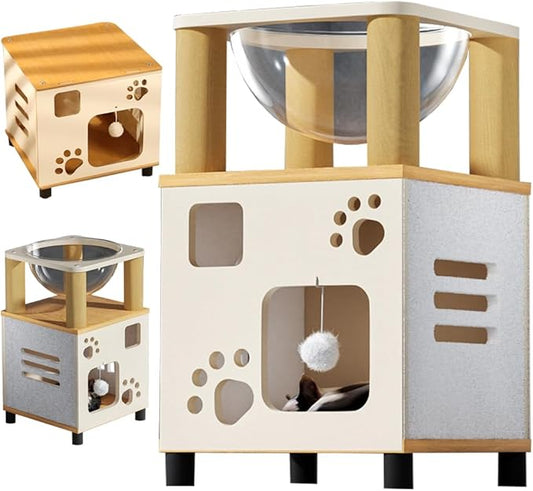 Pet Sleeping House Wooden,Cat Scratcher Box House,Log Color and White Large Cat Shelter,Wooden Box Pet House (Height, 14.96in)