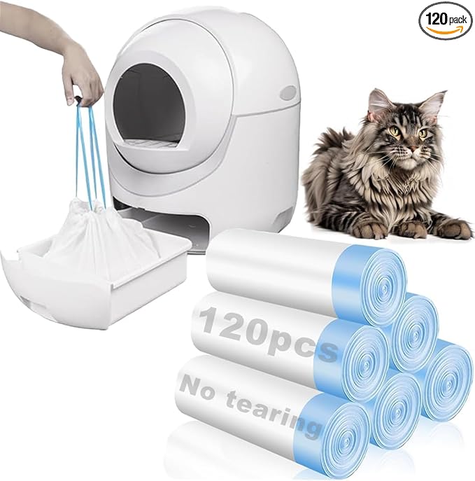 120 Pack Cat Litter Bags with Drawstring, Compatible with Litter Robot 3 & 4, Self Cleaning Cat Litter Box Liners, 10-12 Gallons