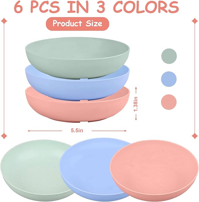 6-Pieces Whisker Fatigue Cat Bowl - 5.5 Inch Shallow Cat Food Dish Wide Cats Wet Feeding Bowls, PET Plate for Kittens and Short Legged Cats, Wheat Straw