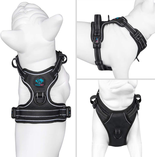 PHOEPET Reflective Dog Harness No Pull Large Breed Vest with 2 Metal Leash Attachment Hooks(L, Black)