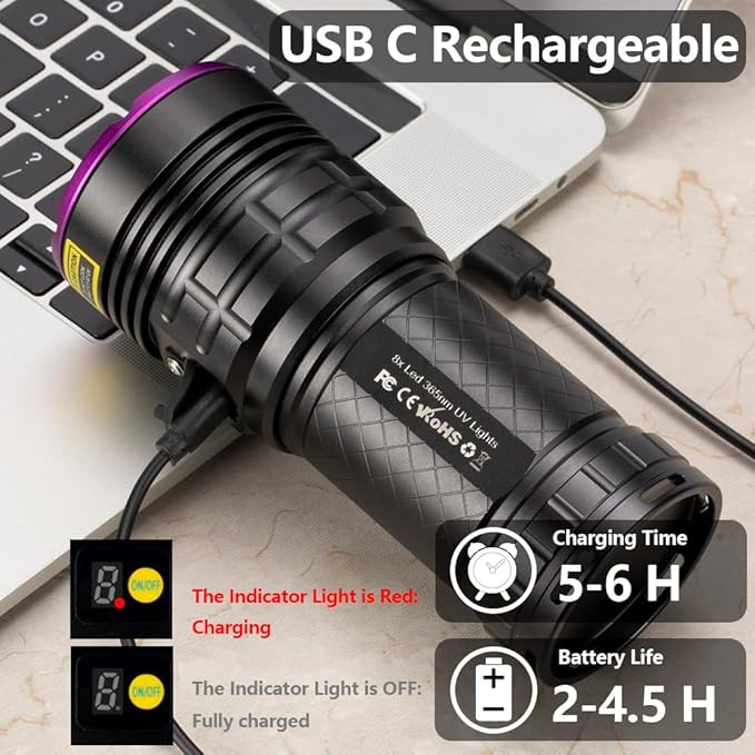 ALONEFIRE SV118 365nm UV Flashlight 80W Powerful Blacklight Digital Display USB C Rechargeable Black Light for Pet Urine Detector, Scorpion, Resin, Bed Bug, Fishing with UV Protective Glasses, Battery