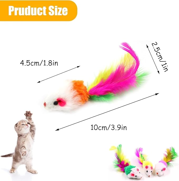 10 Pack Cat Mouse Toy With Fur, Feather, and Rattle Sounds - Interactive Catnip Mice for Chasing, Hunting, Exercising - Kitten Chewing and Teeth Cleaning Toys (Color Random)