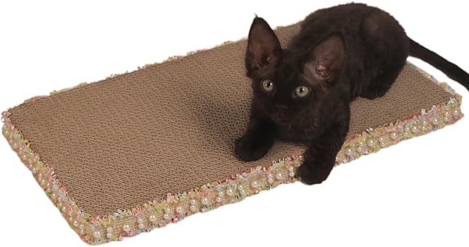 Primrose Yellow Cat Scratch Pad, Stylish Boho Lace with Pearl Large Cardboard Cat Scratcher, Cat Scratchers for Indoor Cats, Durable Cat Scratching Board, Horizontal Scratch Pad for Cats