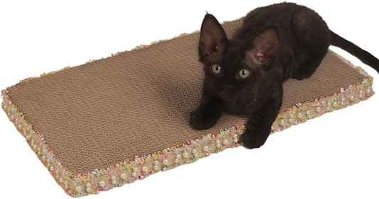 Primrose Yellow Cat Scratch Pad, Stylish Boho Lace with Pearl Large Cardboard Cat Scratcher, Cat Scratchers for Indoor Cats, Durable Cat Scratching Board, Horizontal Scratch Pad for Cats