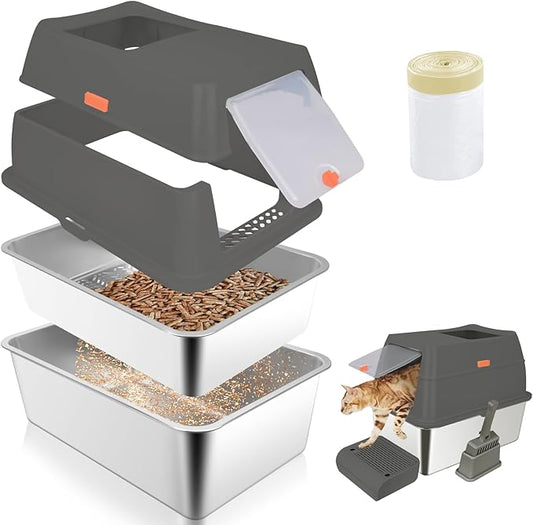 ELEGX Pine Litter Sifting Cat Litter Box, 4-in-1 Cat Metal Litter Box Set,Enclosed Removable Metal Litter Box with Screen Mesh,High Sided Enclosure,Mat & Scoop (Deep Grey)