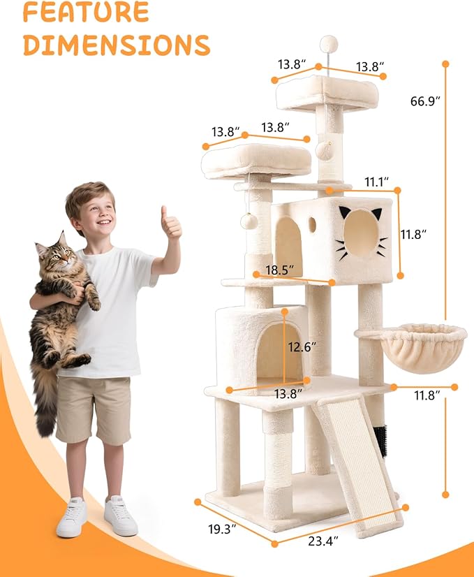 66in Multi-Level Large Cat Tree Tower for Indoor Cat/Kitties, Mordern Cat Tower with Sisal Scratching Posts, Condos and Hammock, Perches, Ramp for Climbing Heavy Duty