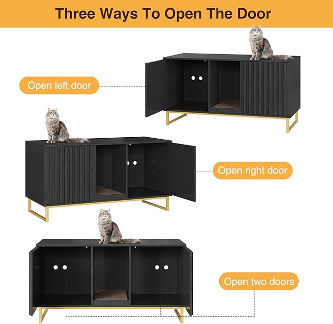 Cat Litter Box Enclosure for 2 Cats, 47.6’’ Litter Box Furniture Hidden with Scratch Pad, Double Room Large Cat Cabinet, Indoor Pet House TV Stand Side Table,Cats Washroom, Black