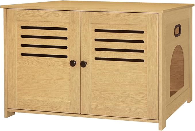 DINZI LVJ Litter Box Enclosure, Wooden Cat House with Good Ventilation, 27.6" Hidden Cat Washroom, Entrance Can Be on Left or Right, Indoor Litter Box Furniture, End Table, Natural