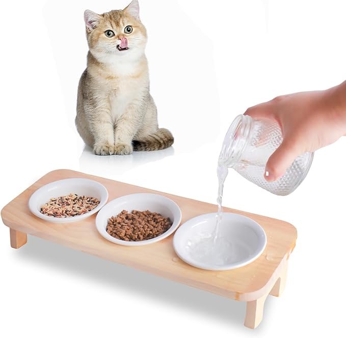 3 Elevated Cat Food and Water Bowl Set with Stand,15°Tilted Raised Pet Bowlfor Kittens/Puppy with 3 Ceremic Dishes, Indoor Cat Food Bowl，Anti-Vomit & Whisker Fatigue Relief, Dishwasher Safe