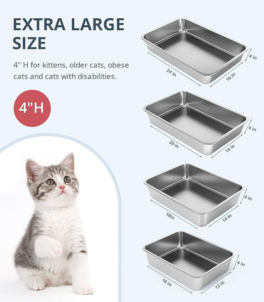 Stainless Steel Cat Litter Box, 4in Shallow Litter Box for Senior Cats and Kittens, Extra Large Metal Litter Pan Nonstick Odor Control Anti-Corrosion