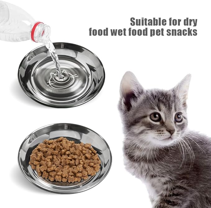 Stainless Steel Cat Bowls Food Dishes for Indoor Cats Cats Shallow Whisker Friendly 6.4Inches Cat Food Water Dishes Bowls Whisker Fatigue Relief Dishwasher Safe 2Pcs