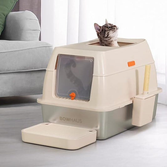 XL 3 in 1 Enclosed Extra Large Metal Litter Box w/Lid, Stainless Steel Cat Litter Box, Odorless Steel Litter Pan, Anti-Leakage & Easy Clean, High Sided Metal Litter Box w/Scoop, Beige