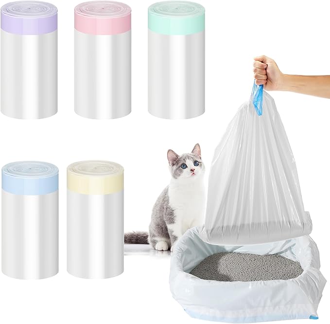 Tinlade 80 Count Jumbo Cat Litter Box Liners Large Drawstring Cat Litter Liners Bags Unscented Tear Resistant for Trash Waste to Keep Your Home Clean,39 x 22 Inch(Macaroon Color)