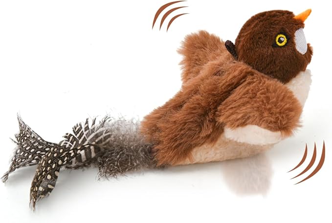 Small Flappy Bird Cat Toy, Interactive Flapping Wings（No Flying） and Chirping Bird Cat Toy, Simulated Sparrow Catnip Toy for Indoor Cats and Kittens, Rechargeable, 5.51×4.72×1.97 Inches